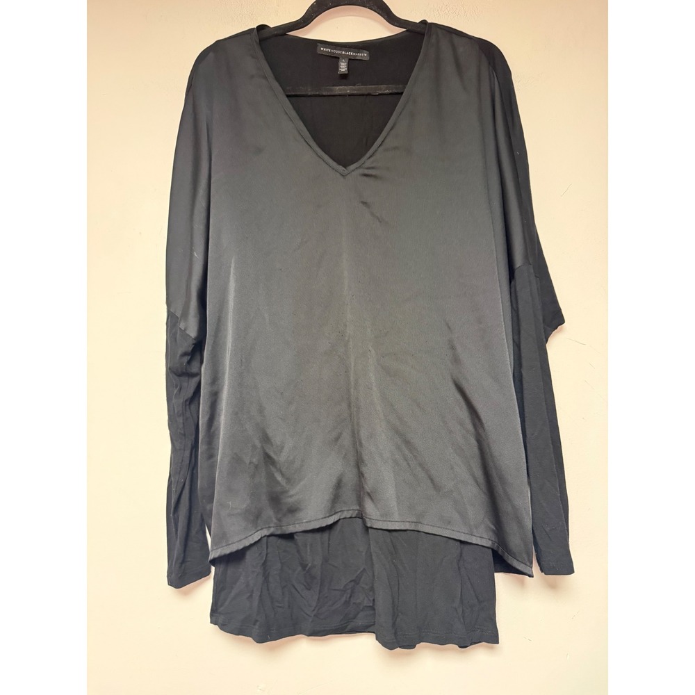 White House Black Market Tunic Womens L Black Excellent Satin Layered V-Neck‎